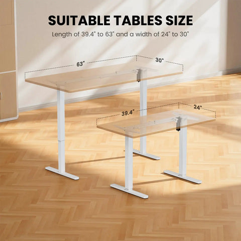Two white frame desks of varying lengths showing compatibility with Electric Standing Desk Frame With Four Memory Height Settings For Sit Stand Comfort, Fully Customizable Workstation, Height Range 28.3 To 46.5 Inches, Desktop Up To 47.2 Inches, White Frame Only.