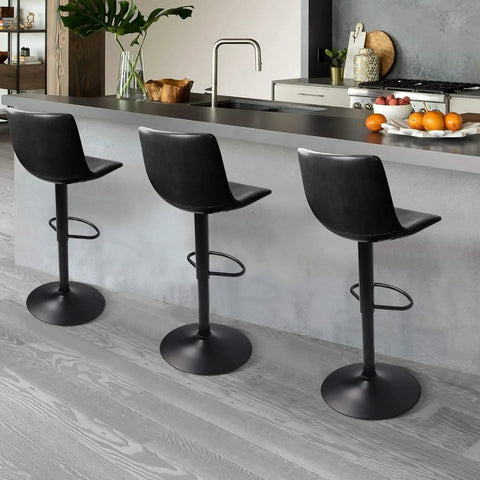 Modern Adjustable Counter Height Swivel Bar Stools Set Of 4 With Backrest Faux Leather Upholstery Black, in kitchen setting