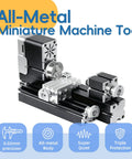Zhrui Mini Metal Lathe Machine With 5 Pc Carbide Cutter Set, close-up of all-metal build, showing precision mechanics.