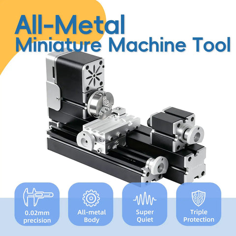 Zhrui Mini Metal Lathe Machine With 5 Pc Carbide Cutter Set, close-up of all-metal build, showing precision mechanics.