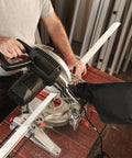 No Fuss Miter Saw Dust Bag Collection Kit Universal Table Saw Debris Catcher on a miter saw for sawdust collection.