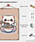 Funny Vintage Metal Sign Featuring Kawaii Cat Eating Ramen Cute Noodle Lover Tin Wall Art 8x12 Inches For Home Office Garage Decor Durable Aluminum Poster With Easy Mount showing installation methods