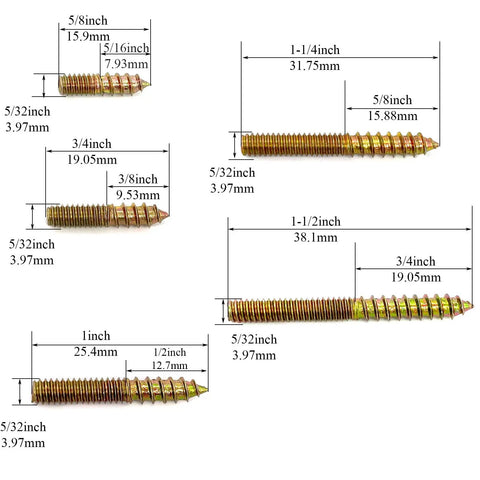 Assorted hanger bolts with six lengths and 5/32-32 thread in 50 pack, showing different sizes for DIY projects and home fixes.