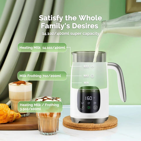 Barista Vibe DualFro 400 Milk Frother And Steamer on kitchen counter with milk pouring, cappuccino cups, and temperature control display.