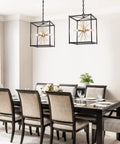 Dining room with Black And Gold Four Light Sputnik Chandelier, Mid Century Modern Square Pendant Lighting over table