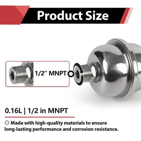 Compact Stainless Steel Thermal Expansion Tank With Hammer Arrestor For Tankless Water Heaters And Beverage Appliances 0.16 Liter Capacity Space Saving Half Inch MNPT Threaded showing 1/2 inch MNPT connection.