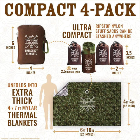 Worlds Toughest Emergency Blankets 4 Pack HeatFlex Extra Thick Thermal Mylar Space Blanket, compact design, camo finish.
