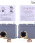 Two Pumptrol 30–50 psi water pressure switches in grey plastic housings with brass mounting fittings (2-pack)