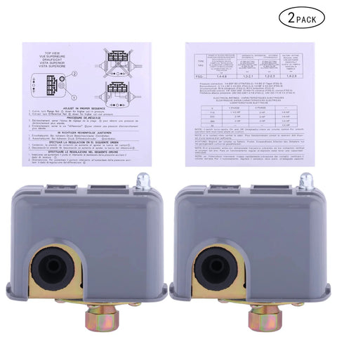 Two Pumptrol 30–50 psi water pressure switches in grey plastic housings with brass mounting fittings (2-pack)