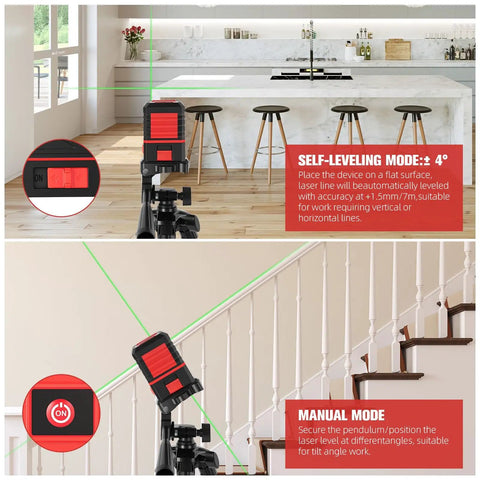 100ft Green Cross Line Rotary Laser Level With 360 Degree Rotation set up in indoor self-leveling mode and manual mode for stairs