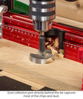 Image showing Dead Nuts Straight 36 By 36 Inch Drill Press Table Master System with drill bit and dust collection port.