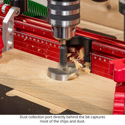 Image showing Dead Nuts Straight 36 By 36 Inch Drill Press Table Master System with drill bit and dust collection port.