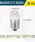 Super Badass Slick E10 Screw Base LED Bulbs Twin Pack DC 12 Volts 0.75 Watt Mini Indicator Lamps For Flashlights Instruments And DIY Hobby Gear showing size dimensions of 11.5mm and 22.5mm.