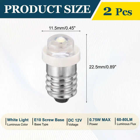 Super Badass Slick E10 Screw Base LED Bulbs Twin Pack DC 12 Volts 0.75 Watt Mini Indicator Lamps For Flashlights Instruments And DIY Hobby Gear showing size dimensions of 11.5mm and 22.5mm.