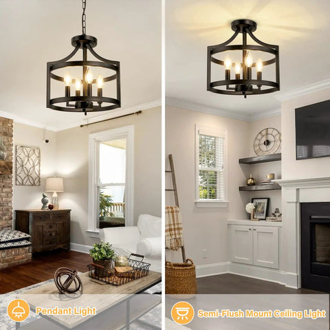 4 Light Modern Farmhouse Ceiling Chandelier Matte Black Open Cage Pendant Lighting Convertible Semi Flush Mount