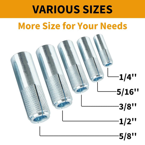 Ten-Piece Drop-In Anchors 5/8-11 Zinc-Plated For Concrete showing various sizes from 1/4 to 5/8, industrial-strength mounting anchors