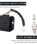 Close-up of High Performance Ignition Coil Kit For 50cc 125cc 150cc Scooters ATVs Go Karts And Mopeds with voltage regulator and A7TC spark plug.