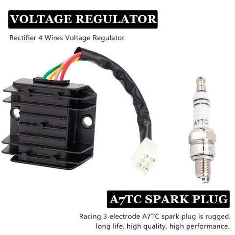 Close-up of High Performance Ignition Coil Kit For 50cc 125cc 150cc Scooters ATVs Go Karts And Mopeds with voltage regulator and A7TC spark plug.