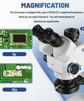 Professional Trinocular Stereo Zoom Microscope With 56 LED Ring Light For Close Up Work 6X To 45X Magnification, WF10X Eyepieces, 0.6X To 4.5X Zoom Objective, 0.5X CTV Trinocular HD Adapter, Camera Ready, trinocular head on PCB