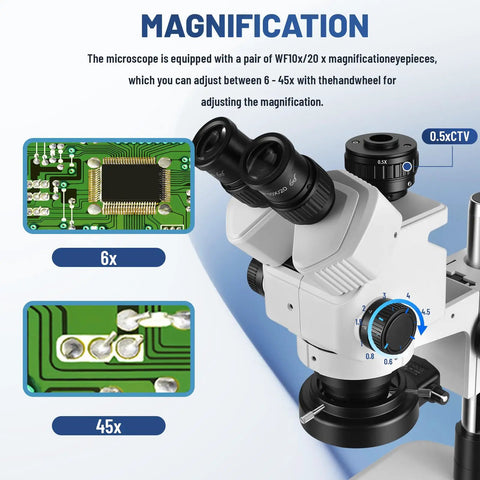 Professional Trinocular Stereo Zoom Microscope With 56 LED Ring Light For Close Up Work 6X To 45X Magnification, WF10X Eyepieces, 0.6X To 4.5X Zoom Objective, 0.5X CTV Trinocular HD Adapter, Camera Ready, trinocular head on PCB
