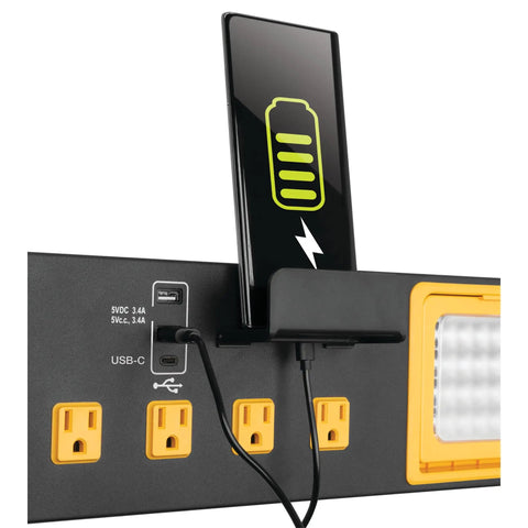 Heavy Duty Commercial Grade Power Station With Six Outlets And Two USB Ports Built In Cradle And Pivoting 1000 Lumen LED Lights Ideal For Garages, Workshops, And Job Sites shown with phone charging.
