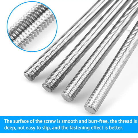 Close-up of Six Pack M6 X 100mm Fully Threaded Rods In 304 Stainless Steel Right Hand Threads With Nuts And Flat Washers, M6 1.0mm Pitch