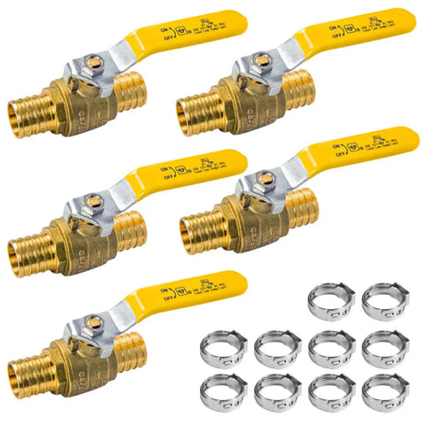 Five Pack 1 Inch By 1 Inch PEX Ball Valve Full Port Water Shut Off Kit With Ten Stainless Steel Cinch Crimp Rings UPC Certified
