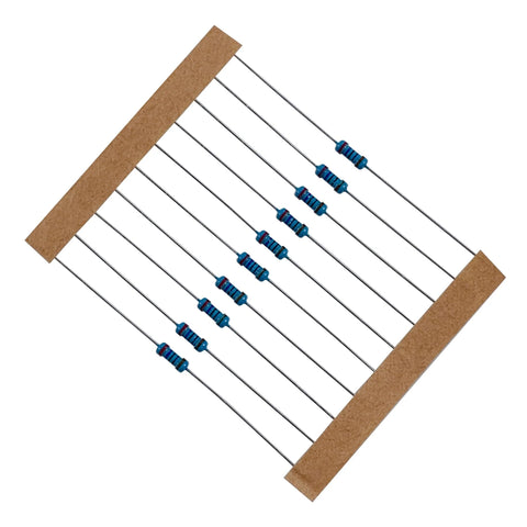 Blue metal-film axial resistors with color bands on a brown carrier strip, angled front view