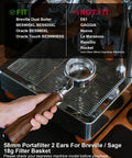 Premium 58mm Bottomless Portafilter With Thick Walnut Handle For Breville Dual Boiler And Oracle Touch Espresso Machines shown with fit details.