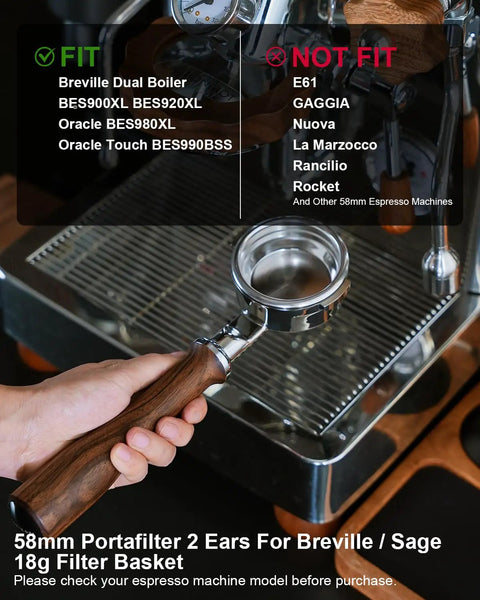 Premium 58mm Bottomless Portafilter With Thick Walnut Handle For Breville Dual Boiler And Oracle Touch Espresso Machines shown with fit details.