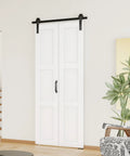 Premium Three Panel Bifold Barn Door With Heavy Duty Sliding Hardware Set And Sleek Handle in white, ideal for modern farmhouse decor.