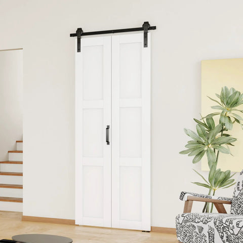 Premium Three Panel Bifold Barn Door With Heavy Duty Sliding Hardware Set And Sleek Handle in white, ideal for modern farmhouse decor.