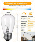 Infographic showing 20 Pack S14 Replacement Light Bulbs For Outdoor Patio String Lights 11W 120V Warm 2200K Edison Bulb features