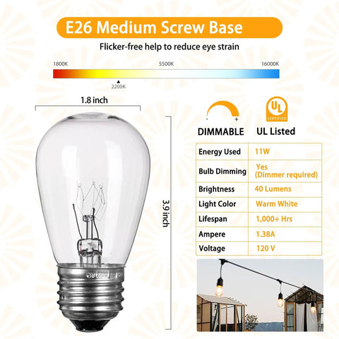 Diagram of shatterproof LED S14 bulb showing E26 base dimensions, dimming options, and warm white light for string lights.