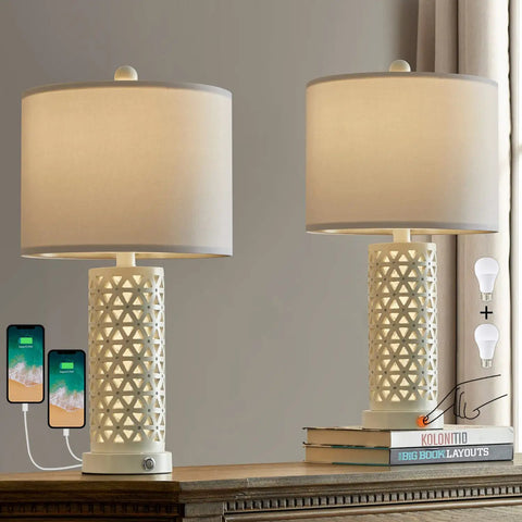 3-Way Dimmable Touch Control Dope Rustic Table Lamp Set Of 2 Vintage Farmhouse 21.25 Inch Tall Bedside Lamps With White Shade And USB Charging 2 Bulbs Included Perfect For Living Room Bedroom Nightstand Home Office