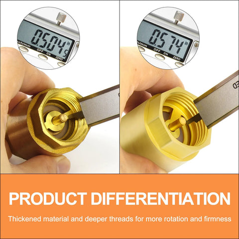 Brass 1-inch female-thread check valve for backflow prevention; front and side views show threads and inner plunger.