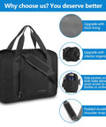 Black underseat travel duffel bag 25L foldable personal item for women and men fits Spirit and Frontier with thick lining and pockets