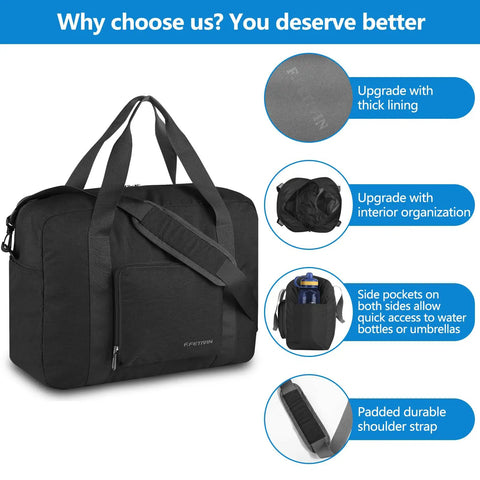 Black underseat travel duffel bag 25L foldable personal item for women and men fits Spirit and Frontier with thick lining and pockets