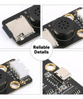 MP3 Decoder Music Player Module For Arduino And ESP32 Tiny 47mm By 24mm Board With Built In Audio Amplifier And USB Power Supports Up To 32GB TF Cards And USB Drives Easy Plug Voice Broadcast For DIY Projects And Voice Prompts close-up with TF slot and speaker