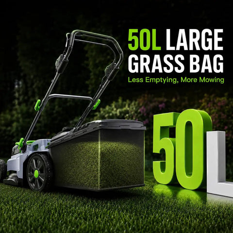 Cordless Walk Behind Lawn Mower With 17 Inch Cutting Width, Dual 20V 4.0Ah Batteries, Brushless Motor, Six Easy Height Settings, 50 Liter Grass Bag, Backyard Ready No Cords For Garden Patio Yard And Lawn Care with 50L grass bag