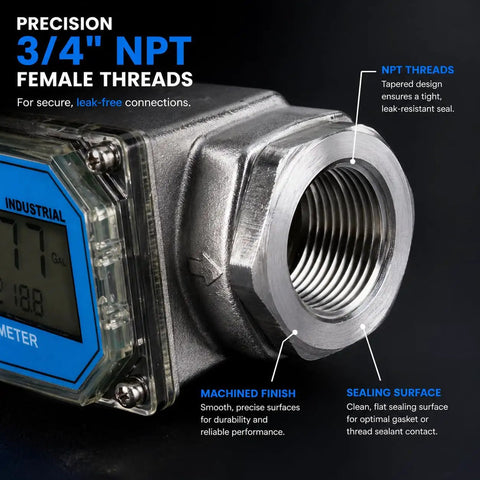 Three Quarter Inch Digital Water Meter Inline Flow Meter With Female NPT Threads To Track Water Usage In Gallons Quarts Pints And Liters Battery Powered By Two AAA Batteries Factory Calibrated For Water And Recalibratable. 3/4 inch aluminum body, close-up threaded inlet