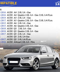 Audi 2.0T PCV Valve compatibility chart with A4 sedan image, showing 2012-2018 models for A4, A5, A6, Q5, Allroad compatibility.