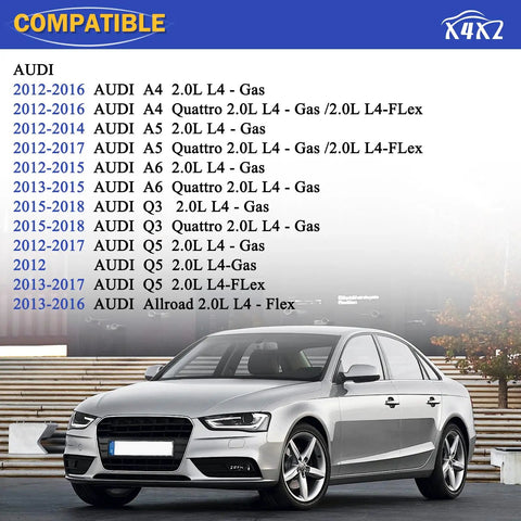 Audi 2.0T PCV Valve compatibility chart with A4 sedan image, showing 2012-2018 models for A4, A5, A6, Q5, Allroad compatibility.