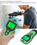 Generic Stud Finder Wall Scanner, 5 Modes LCD Display with Sound Alarm held in hand, showing green LCD while detecting wall objects.