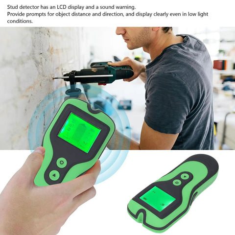 Luocute Stud Finder Wall Scanner, 5 Modes held in hand, displaying LCD screen while detecting behind a wall.