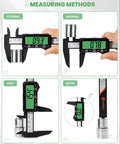 Rechargeable Digital Caliper With USB Charging, 6 Inch Plastic Calipers, Green Screen Display, Go Cordless Fast, No Battery Hassle, Quick 2 Minute Charge Powers A Full 20 Minute Measurement For Months showing external, internal, step, and depth measuring methods
