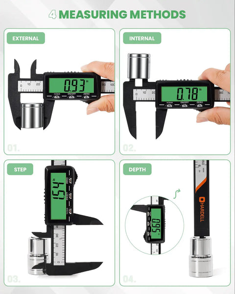 Rechargeable Digital Caliper With USB Charging, 6 Inch Plastic Calipers, Green Screen Display, Go Cordless Fast, No Battery Hassle, Quick 2 Minute Charge Powers A Full 20 Minute Measurement For Months showing external, internal, step, and depth measuring methods