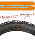 Close-up of tire with size markings, 20x3.0, for Beefy 20x3 Fat Bike Inner Tube Set For 20x2.75 To 20x3.5 Tires Fits 20x3.0.