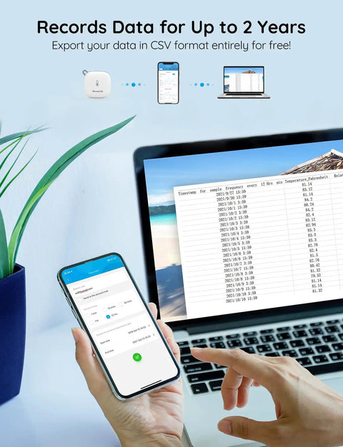 WiFi Thermometer Hygrometer With App Alerts And Real Time Temperature Humidity Monitoring 2.4GHz WiFi Bluetooth Sensor For Smart Home And Office Remote Data Access Widget Support Easy Setup And No 5G Required, phone and laptop exporting CSV data