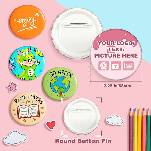 Blush Pink Button Maker Machine 58mm Pin Badge Press Tool With 30 Complete Sets And Sharp Cutter Plug And Play DIY Kit on vibrant background.